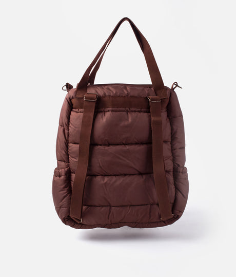 So Danca LS72 Luciana Sagioro quilted dance bag in brown, showing front zip pockets, side pockets and carry handles.