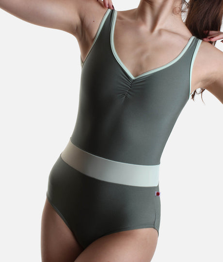 Tank Leotard in Sage – Elegant V-Neck with Contrast Waist Detail - LUCY