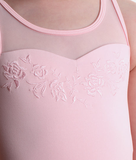 Detail of the pink Mirella Petite Adagio tutu leotard showing embroidered flowers, mesh tank straps and the tulle skirt gathered at the waist.