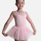 Front view of the pink Mirella Petite Adagio M50011C tutu leotard with floral embroidery, mesh tank straps and a layered tulle skirt.