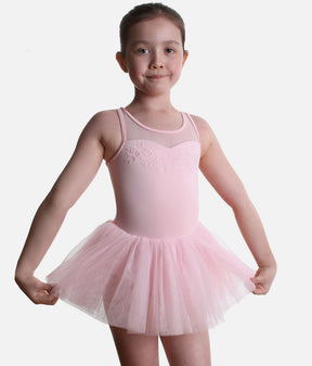 Front view of the pink Mirella Petite Adagio M50011C tutu leotard with floral embroidery, mesh tank straps and a layered tulle skirt.