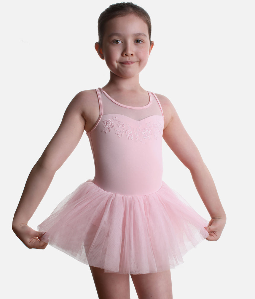 Front view of the pink Mirella Petite Adagio M50011C tutu leotard with floral embroidery, mesh tank straps and a layered tulle skirt.