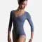 Mirella Adagio M60003LM ballet leotard in Dusty Grey, a muted blue-grey, with three-quarter sleeves and tonal floral embroidery.