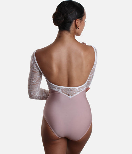 Romantic Long Sleeves Ballet Leotard with Low Back, Lace Detail - MAIA DI ROSE