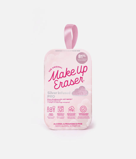 MakeUp Eraser Silver Infused PRO pale pink makeup-removal cloth displayed inside its matching retail packaging.