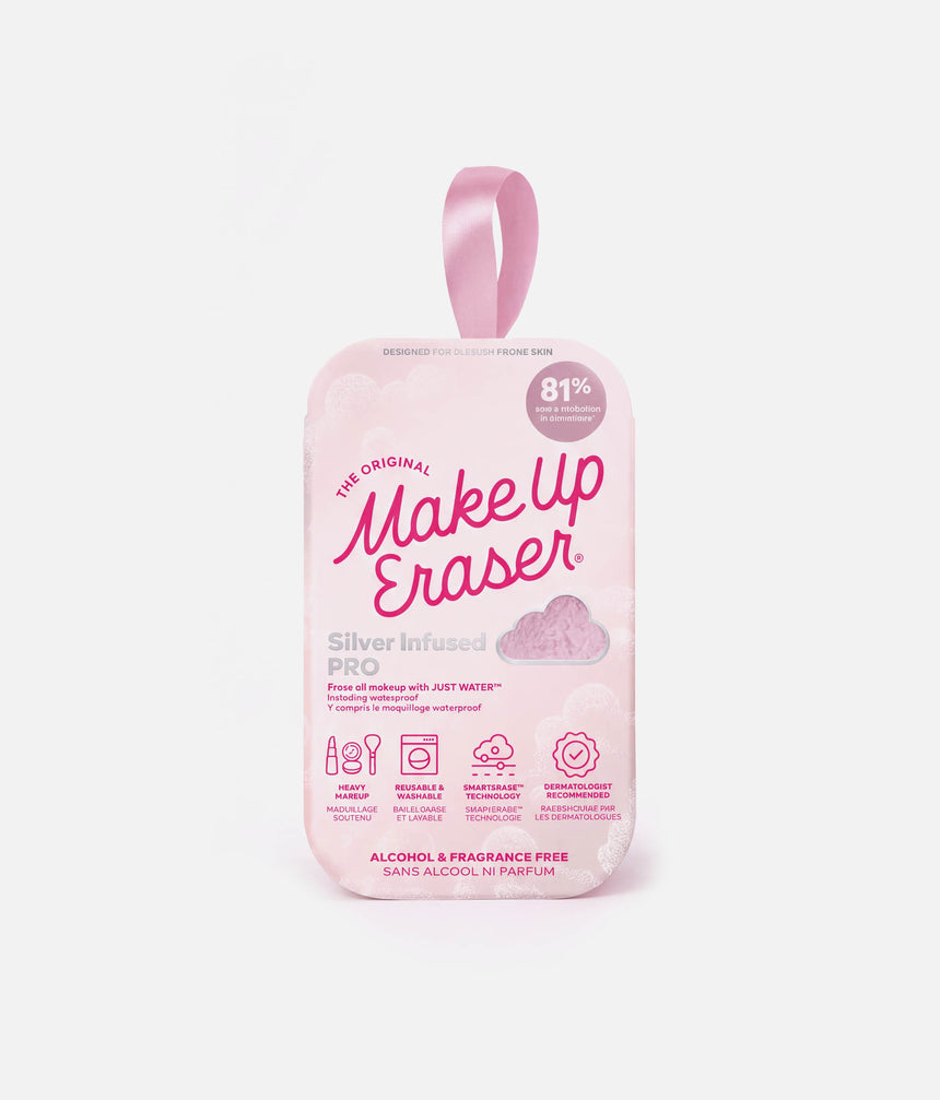 MakeUp Eraser Silver Infused PRO pale pink makeup-removal cloth displayed inside its matching retail packaging.