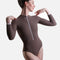 Front of Mara Dancewear Aura Long Sleeve Deep Brown leotard, with ribbed fabric, high neck and contrasting white zip.