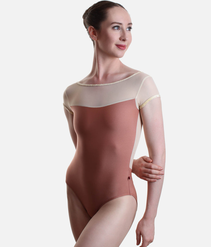 Modern Cap Sleeve Dance Leotard wuth Mesh Back & Blush Shimmer Trim - MEAGAN
