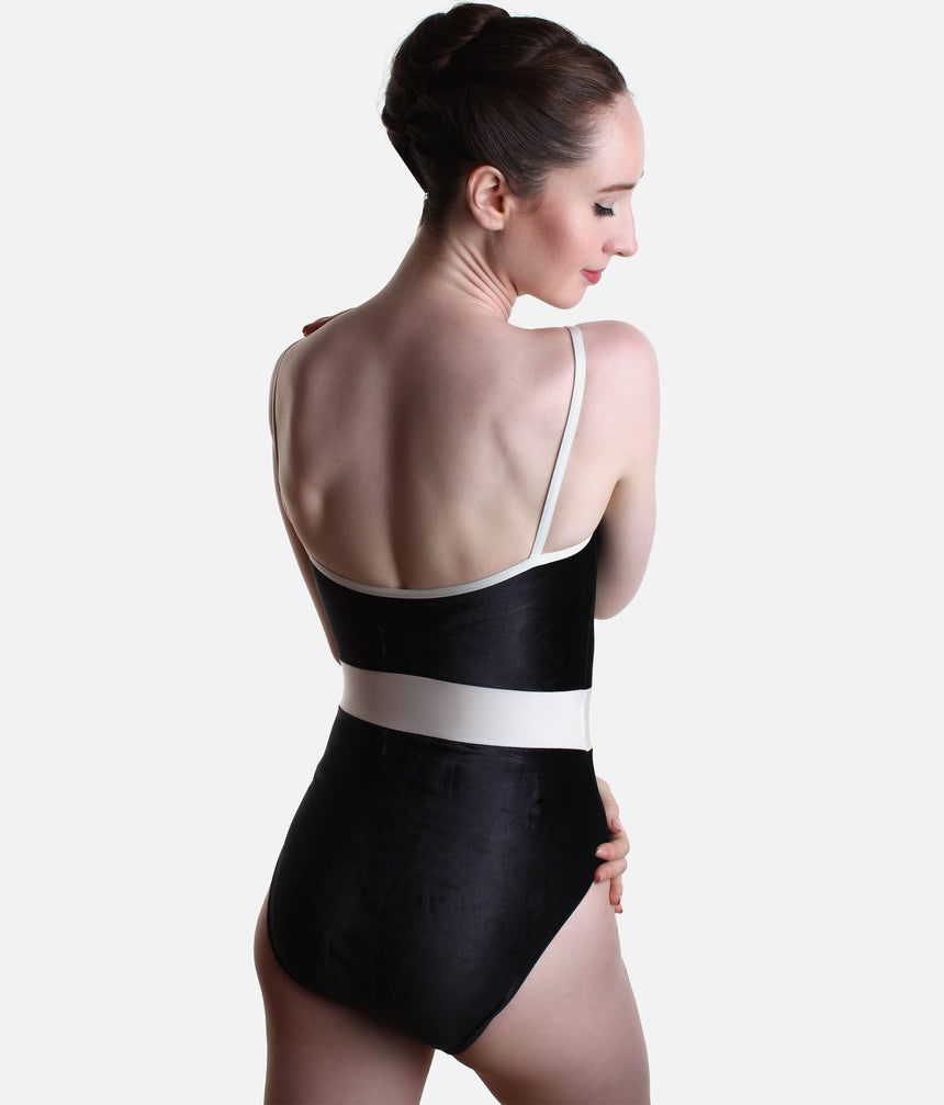 Luxurious Camisole Dance Leotard, Black Velvet with White Trim - MICAH