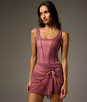 Dancer wearing a Rose Bodile Mika mesh ballet skirt with gathered ruching and a left-side split over a leotard.