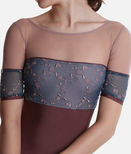 Short Tulle Sleeves Leotard with Romantic Embroidered Bust Panel - MINERVA GL