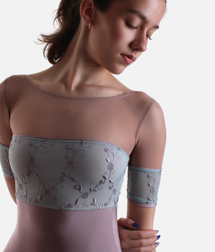 Classic Ballet Leotard with Embroidered Tulle & Mesh Sleeves - MINERVA GL ALCHIMIA