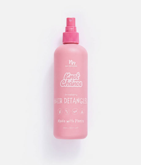 A pink spray bottle of Knot Chance Strawberry Hair Detangler on a clean white background.