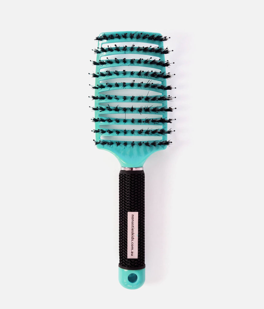 No Nasties Blue kids detangling hair brush with a curved vented head and textured black handle