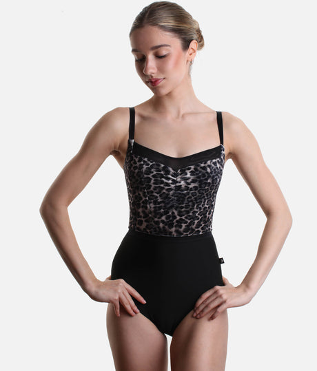 Model wearing Bodile Ophelia Leopard ballet leotard, showing the gathered velvet front and classic ballet leg line.
