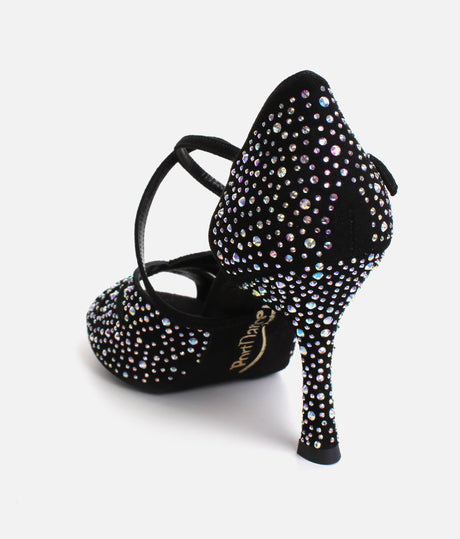 Elegant Dance Heels, Black Nubuck with Crystals, 70mm Flare Heel - CLARA