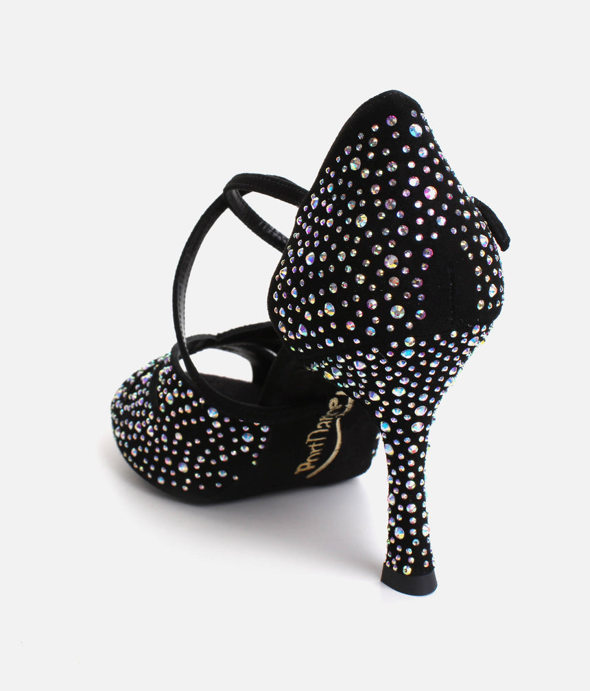 Elegant Dance Heels, Black Nubuck with Crystals, 70mm Flare Heel - CLARA