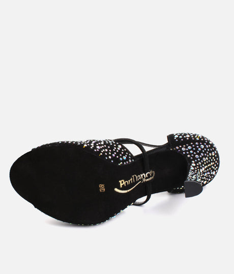 Elegant Dance Heels, Black Nubuck with Crystals, 70mm Flare Heel - CLARA
