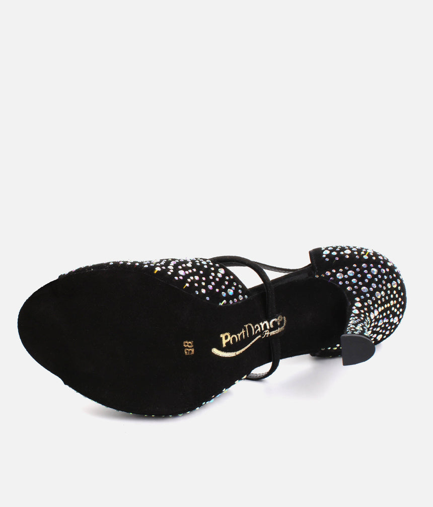 Elegant Dance Heels, Black Nubuck with Crystals, 70mm Flare Heel - CLARA
