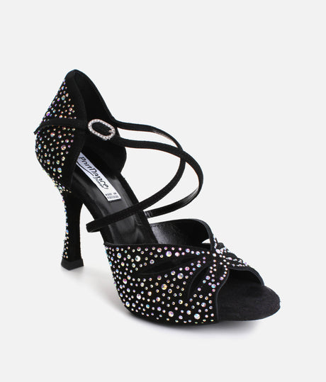 Elegant Dance Heels, Black Nubuck with Crystals, 70mm Flare Heel - CLARA