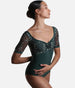 Short Sleeve Leotard with Mesh & Embroidery in BOTTIGLIA Green - PENELOPE ICONIC