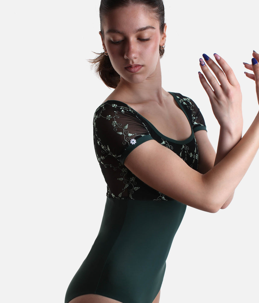 Sophisticated Short Sleeve Leotard, Embroidered Tulle Balletwear - PENELOPE DI