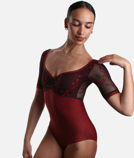 Short Sleeve Dance Leotard in Bold BORDEAUX Hue - PENELOPE ICONIC