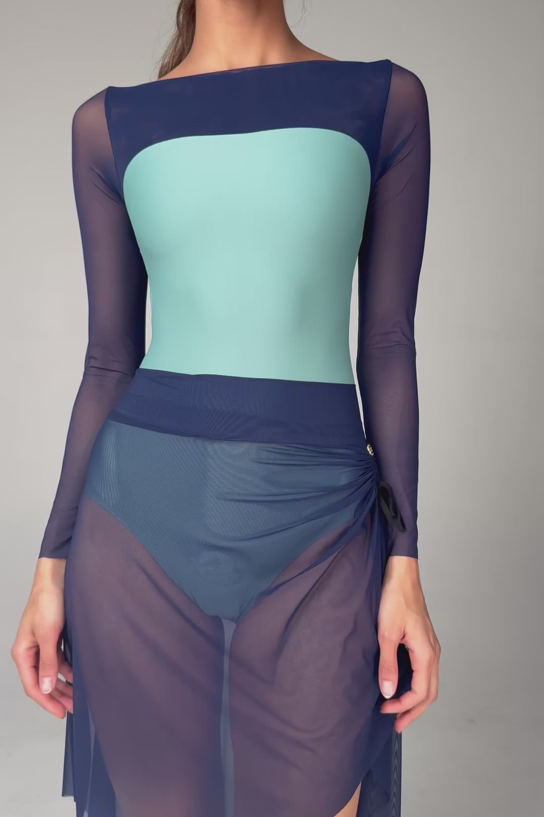 Video of Bodile Gisella mesh rehearsal skirt in deep navy, with side ruching and a longer back hem.