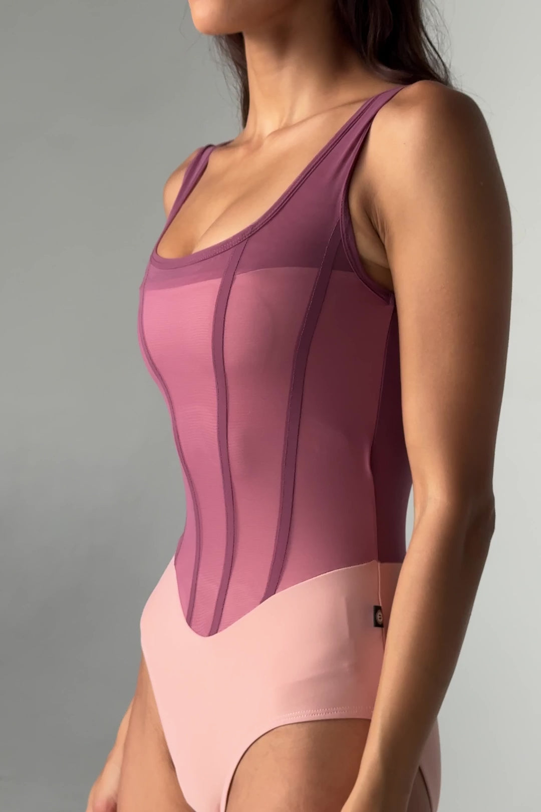 Vide of Bodile Sofia Signature Mexican Rose tank ballet leotard with broad straps, a berry-rose mesh overlay and blush-pink body.
