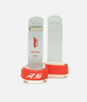 Front and back of Reisport Elite Protec women’s uneven bar grips with red wrist straps and two finger holes