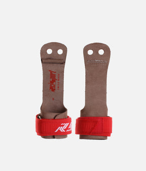 Front and back of Reisport Universal Junior gymnastics grips with two finger holes, a small dowel and red wrist straps
