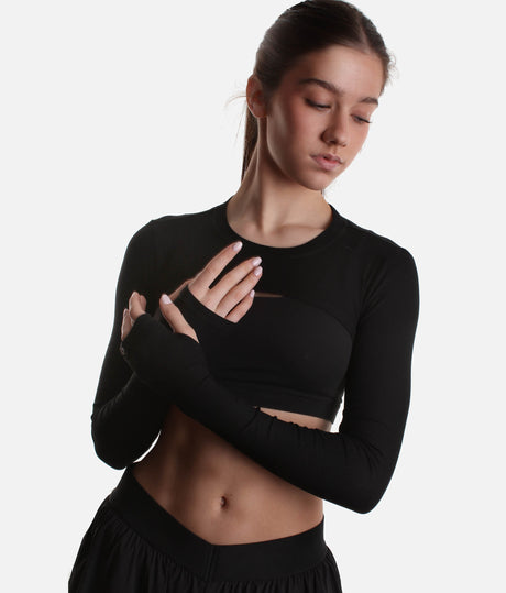 RELEVE RIBBED SHRUG - Sleek Black Layer with Thumbholes