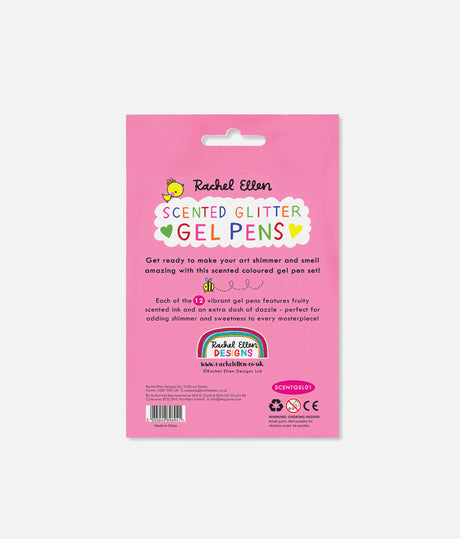 The back of a pink retail card for Rachel Ellen Scented Glitter Gel Pens, showing product information, barcode, and logos on a light gray background.
