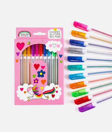 A set of scented glitter gel pens in a pink package with several pens fanned out beside it on a white background. The package features unicorn and heart illustrations, and the pens show multiple colors including pink, orange, yellow, blue, green, red, and purple.