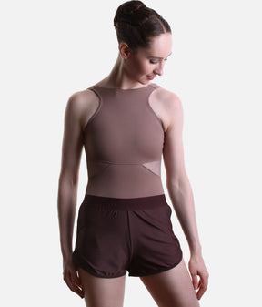 So Danca SD2561 Flow Ease dance shorts in Ebano Brown, worn over a Nut ballet leotard