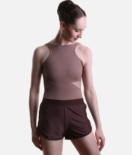 So Danca SD2561 Flow Ease dance shorts in Ebano Brown, worn over a Nut ballet leotard