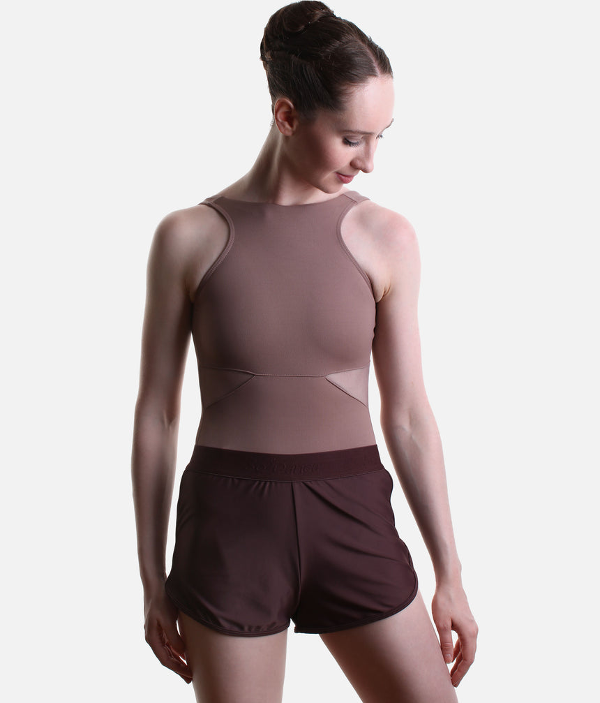 So Danca SD2561 Flow Ease dance shorts in Ebano Brown, worn over a Nut ballet leotard