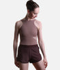 So Danca SD2561 Flow Ease dance shorts in Ebano Brown, worn over a Nut ballet leotard