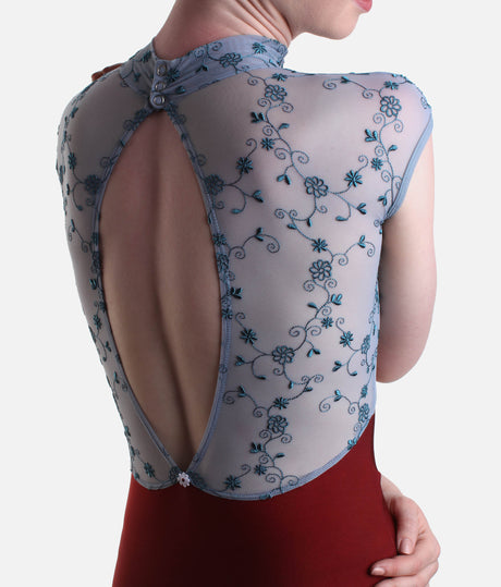 High Neckline Ballet Leotard, Cap Sleeves & Floral Design - SELENE DI BORDEAUX