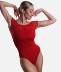 So Danca SL16 lace cap sleeve ballet leotard in red, showing the scalloped neckline