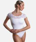 So Danca SL16 lace cap sleeve ballet leotard in white, showing the scalloped neckline