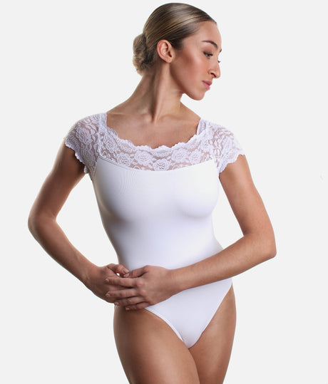 So Danca SL16 lace cap sleeve ballet leotard in white, showing the scalloped neckline