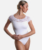 So Danca SL16 lace cap sleeve ballet leotard in white, showing the scalloped neckline