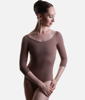 So Danca LS69 three-quarter sleeve ballet leotard in Nut, with a soft V-front neckline and plain stretch body