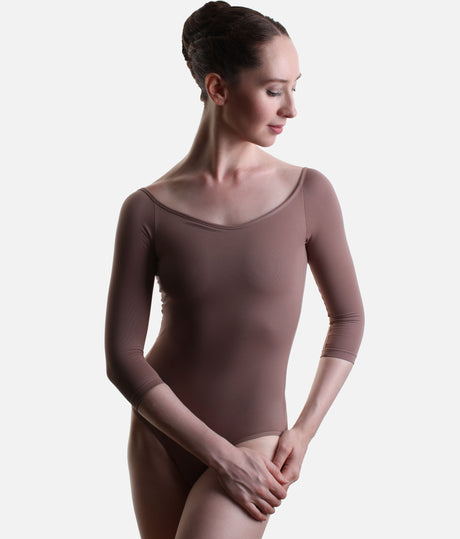 So Danca LS69 three-quarter sleeve ballet leotard in Nut, with a soft V-front neckline and plain stretch body