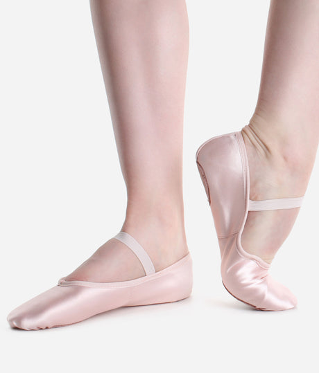 So Danca Split-Sole Pink Satin Ballet Shoe - BAE 15 with pre-sewn single elastic and adjustable cotton drawstring.
