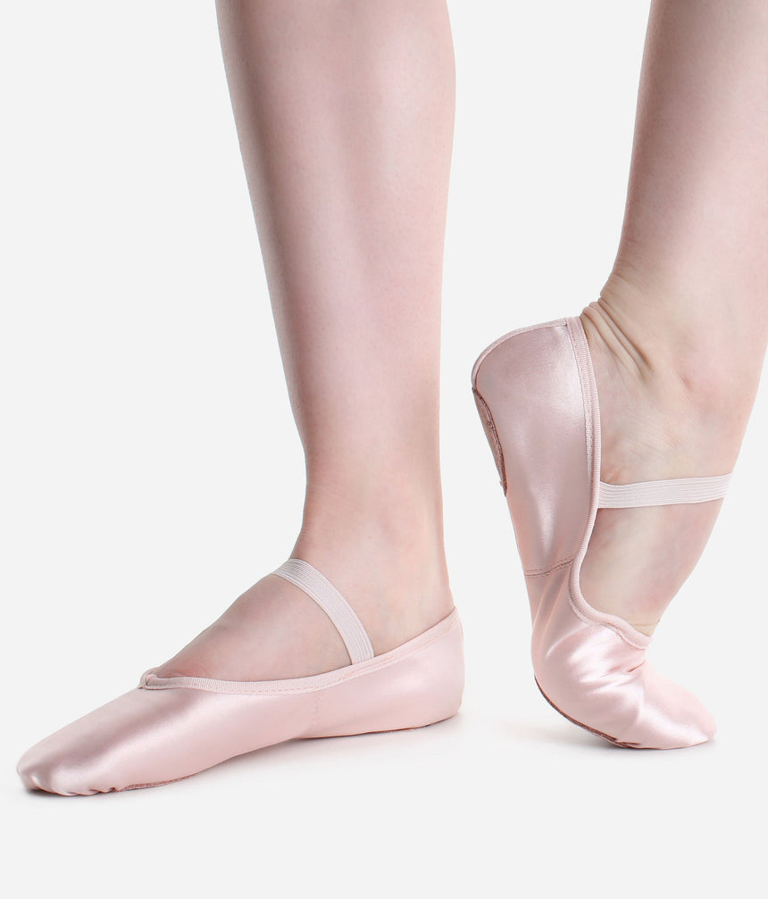 So Danca Split-Sole Pink Satin Ballet Shoe - BAE 15 with pre-sewn single elastic and adjustable cotton drawstring.