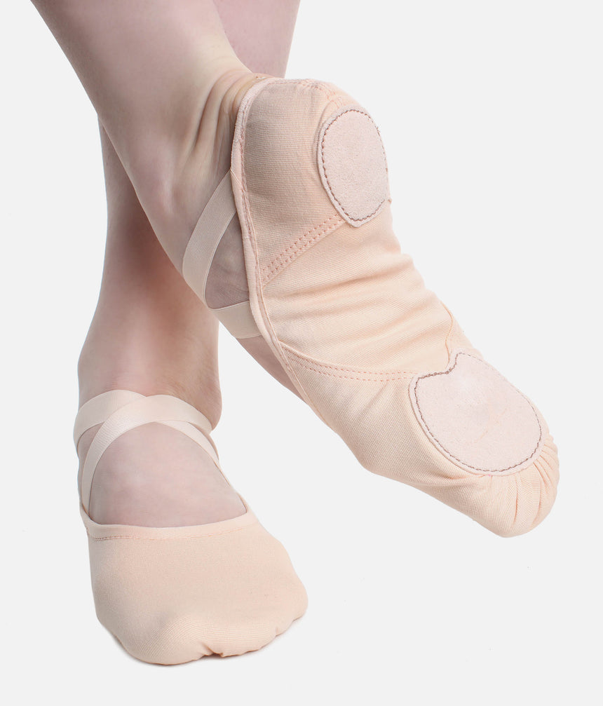 So Danca Vegan Stretch Pink Canvas Ballet Shoes - SD 140 worn by a dancer, showing split sole toe and heel pads