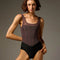 Front of Bodile Sofia Twilight Obsidian tank ballet leotard with a black lower body, smoky plum mesh and corset-style panel lines.