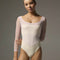 Front of Bodile Sofia Parfait Marshmallow long sleeve ballet leotard with pale blush mesh, a creamy body and corset-style seams.